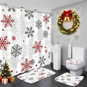 Winter Bathroom Set 4Pcs Waterproof Shower Curtain with Snowflake Design Rugs and Toilet Lid Cover Warm Color - 1 of 4