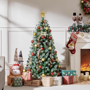 Pre-Lit Flocked Christmas Tree with Pine Cones, PVC Branches & Metal Hinged Base for Home, Office, or Holiday Party Decor - 1 of 4