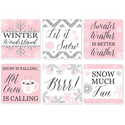 Big Dot of Happiness Pink Winter Wonderland - Holiday Snowflake Birthday Party and Baby Shower Decorations - Drink Coasters - Set of 6