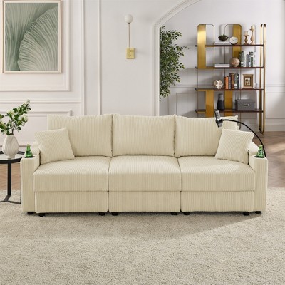 GDFStudio Rod Modern 3 Seater Corduroy  102" Sofa with Cup Holders,Mobile Phone Holder and Armrest Storage