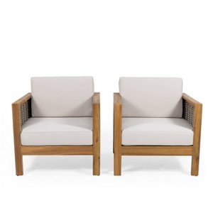 Linwood 2pk Outdoor Acacia Wood Club Chairs with Wicker Accents - Teak/Brown/Beige - Christopher Knight Home - 1 of 4