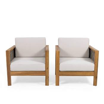 Linwood 2pk Outdoor Acacia Wood Club Chairs with Wicker Accents - Teak/Brown/Beige - Christopher Knight Home