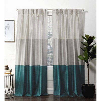 Set of 2 (84"x54") Chateau Striped Faux Silk Pinch Pleat Light Filtering Curtain Panel Teal- Exclusive Home