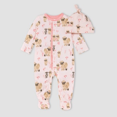 Image of Burt's Bees Baby® Girls' 'Feeling Sheepish' Footed Jumpsuit & Knot Top Hat Set - Light Pink 0-3M
