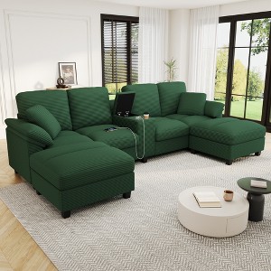 116.9"W U-Shaped Corduroy Sectional Sofa with Storage Ottomans, Cup Holders & USB Ports - ModernLuxe - 1 of 4