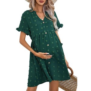 Maternity Swiss Dot Dress Summer V Neck Short Sleeve Button Down Mini Dress Baby Shower Photoshoot with Pockets - 1 of 4