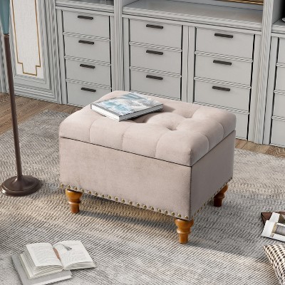 Hrinhom 23.2"W Velvet Storage Bench, Wooden Leg Footstool,Ottoman With Rivet Trim-Pink
