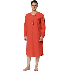 INSPIRE CHIC Men's Cotton Long Sleeves V Neck Chest Pocket Nightgown - 1 of 4