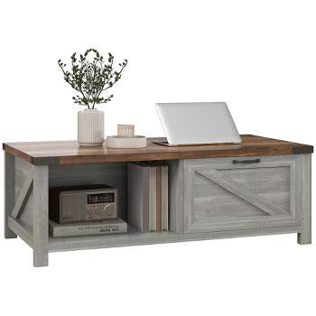 HOMCOM Farmhouse Coffee Table with Storage Drawer and Open Shelf, Rustic Coffee Table for Living Room, Distressed Gray