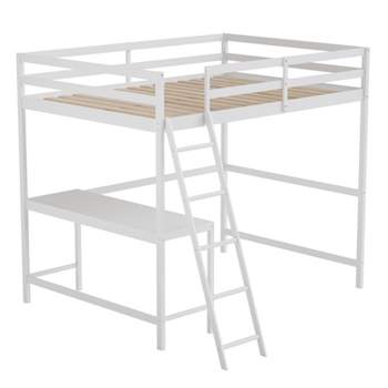 Flash Furniture Riley Loft Bed Frame with Desk, Full Size Wooden Bed Frame with Protective Guard Rails & Ladder for Kids, Teens and Adults - White