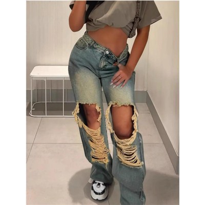 Clotth Trendy Ripped Jeans for Women Sexy High Waist Loose Denim Pants Casual Fascinating Wide Leg Jean Outfits Streetwear, Blue