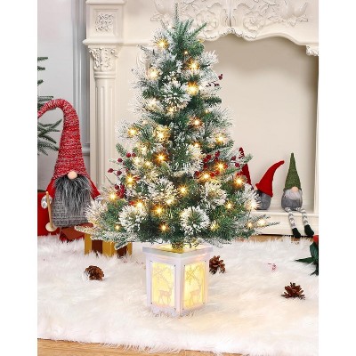 3ft Pre-Lit Mini Christmas Tree, Tabletop Artificial Xmas Tree with 78 Led Lights, Snow Flocked or Nordic Spruce, For Home and Office