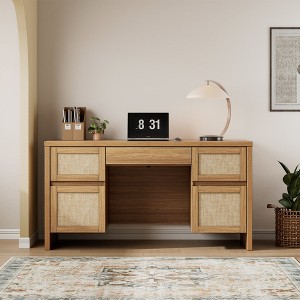 Brafab Home Office Desk with Charging Station,5-Drawer Executive Desk with Rattan Front,Computer Writing Desk Built-in USB/Type-C Ports & Outlets - 1 of 4
