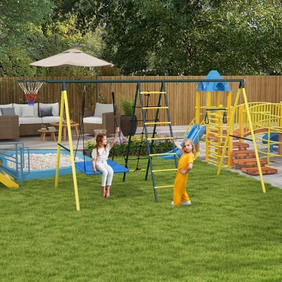 Yellow 5-in-1 Metal Swing Set with Climbing Ladder