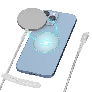 iHome 10W Magnetic Wireless Charger, 6ft Durastrain Cable, MagSafe Compatible for iPhone 12/13, White - 1 of 4