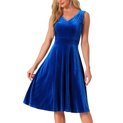 Allegra K Women's Sleeveless Velvet Elegant V Neck A Line Flowy Cocktail Party Midi Dress