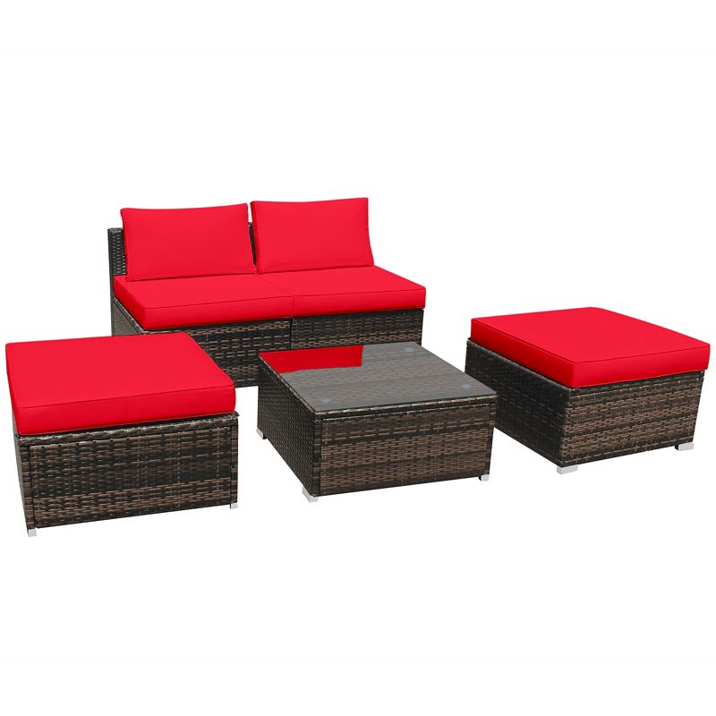 Tangkula 5-Piece Outdoor Rattan Wicker Sofa Set Lounge Chair with Red Cushions, 5 of 10