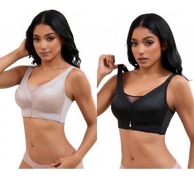 INSPIRE CHIC 2 Pcs Women's V-Neck Mesh Wirefree Adjustable Straps U Back Minimizers Bras
