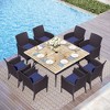 Captiva Designs 9pc Spacious Slat-top Square Metal Table with Umbrella Hole & Armrest Rattan Chairs with Cushions - 2 of 4