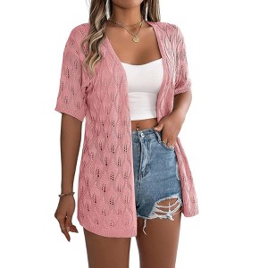 Women 2025 Lightweight Crochet Cardigan Short Sleeve Open Front Knit Sweater Summer Hollow Out Crochet Cover Up - 1 of 4