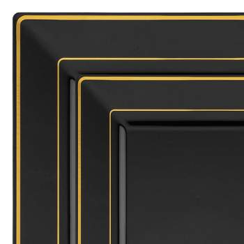 Smarty Had A Party Black with Gold Square Edge Rim Plastic Dinnerware Value Set (120 Dinner Plates + 120 Salad Plates)