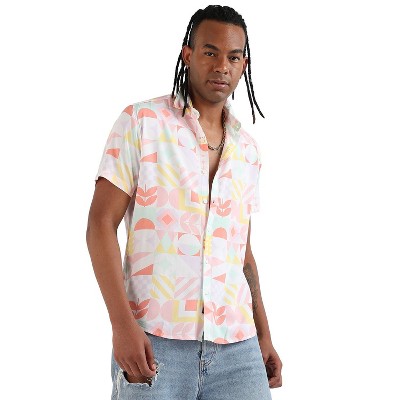 Campus Sutra Men Men's EcoLiva Peach Pink Geometric Floral Block Shirt