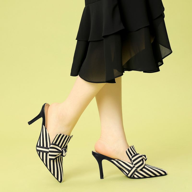 Allegra K Women's Pointed Toe Stripe Bow Slip-on Stiletto Heel Slides Mules, 2 of 7