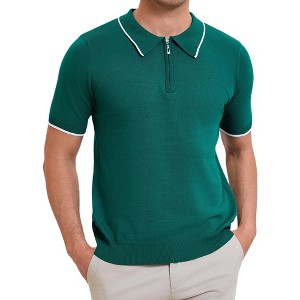INSPIRE CHIC Men's Formal Solid Color Short Sleeved Zipper Slim Fit Classic Knit Polo Shirts - 1 of 4