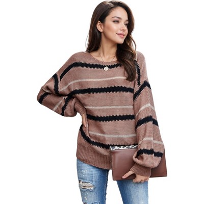 Anna-Kaci Women's Sweaters Long Sleeve Crew Striped Oversized Knitted Pullover Tops for Everyday Wear