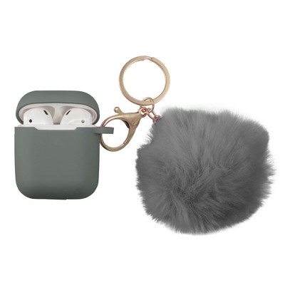 Insten Cute Case Compatible with AirPods 1 & 2 - Fluffy Pom Pom Protective Silicone Cover with Keychain, Gray