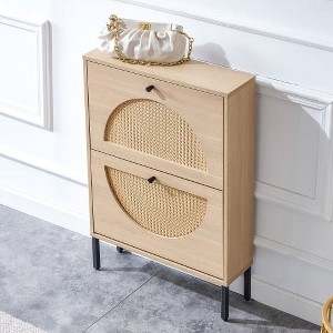 TIRAMISUBEST Rattan Shoe Cabinet with 2 Flip Drawers, Narrow Shoe Storage Cabinet Wooden for Entryway, Hallway, Living Room Entryway - 1 of 4