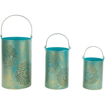 Northlight Set of 3 Turquoise and Gold Floral Laser-Cut Pillar Candle Lanterns