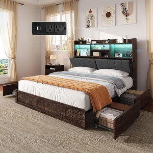 AMERLIFE LED Bed with 4 Storage Drawers, Bookcase Headboard and Charging Station - 1 of 4