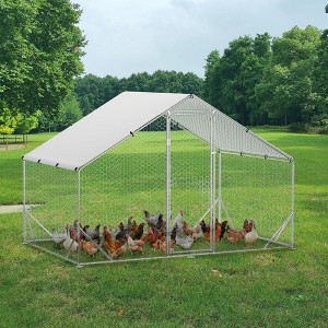 Large Metal Chicken Coop, Walk-in Poultry Cage with Cover, Spire Roof Hen House with Security Lock, Chicken Run for Backyard, 9.8' x 6.6' x 6.5' - 1 of 4