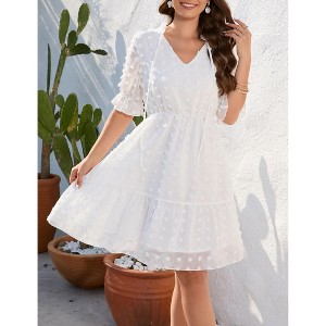 Coolmee Women's Summer Dress Short Sleeve V Neck Dress Lightweight Ruffle Solid color Mini Dress - 1 of 4