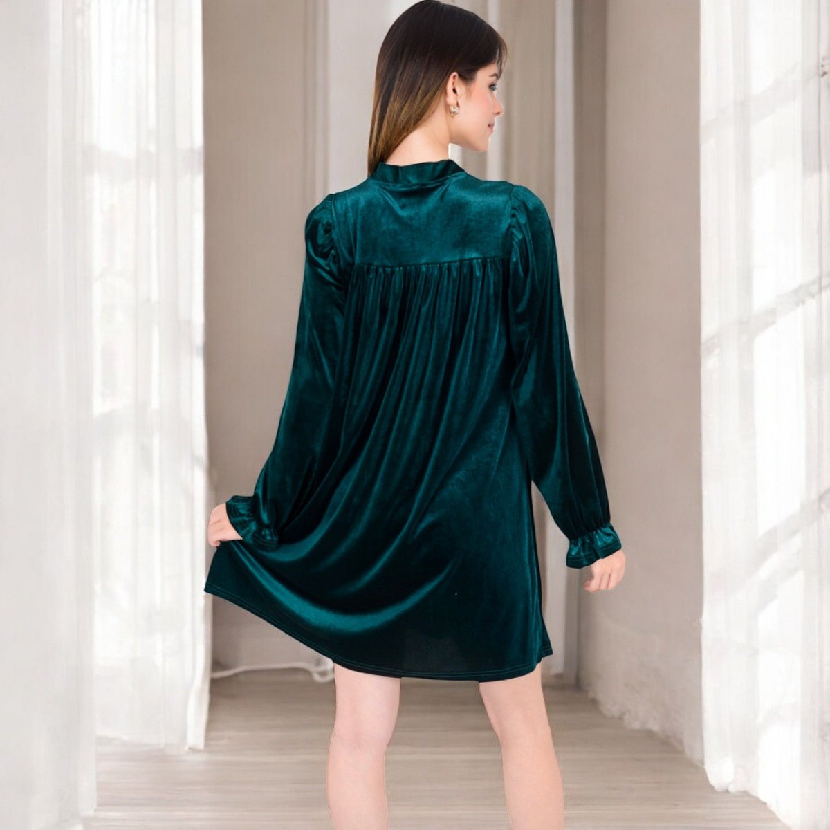 Женские платья Anna-Kaci Women's Velvet Dress with V-Neck and Long Sleeves - Small, Olive Green — фото 5