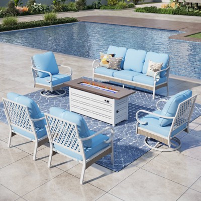 Captiva Designs 6pc extra large metal and rattan outdoor patio fire pit set with swivel grid-back chairs and table