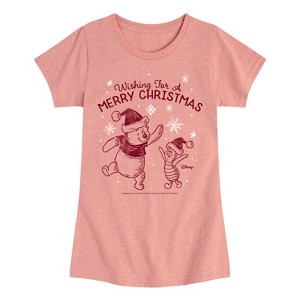 Girls' - Winnie the Pooh - Pooh & Piglet Wishing for a Merry Christmas Fitted Short Sleeve Graphic T-Shirt - 1 of 4