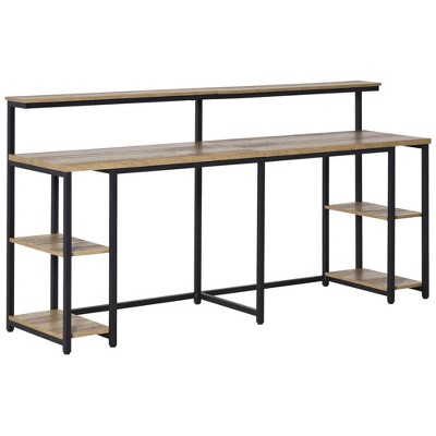 HOMCOM Two Person Home Office Desk with Elevated Monitor Shelf, Bottom CPU Tower Shelf and Large Desktop, Black/Brown