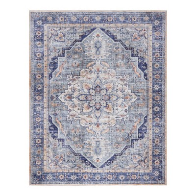 Soha Multi Blue Traditional Medallion Washable Area Rug 6' x 9'
