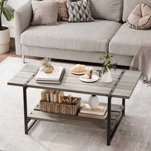 41" Rustic Farmhouse Coffee Table, Modern Minimalist Wood and Metal Living Room Table, 2 Tie Rectangle Center Table with Storage - 1 of 4