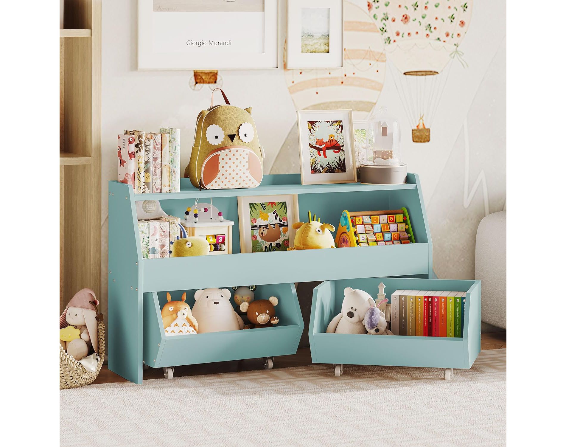 Petrimins Kids Bookshelf and Toy Organizer, 40" Wooden Storage Bookcase, Decorative Bookshelf, Toy Storage Cabinet with Wheels