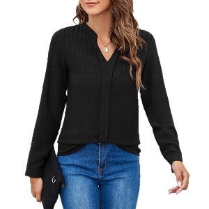 Coolmee Women's Dressy Casual Blouses Business Work Tops Long Sleeve V Neck Pleated Shirts Fall Outfits - 1 of 4
