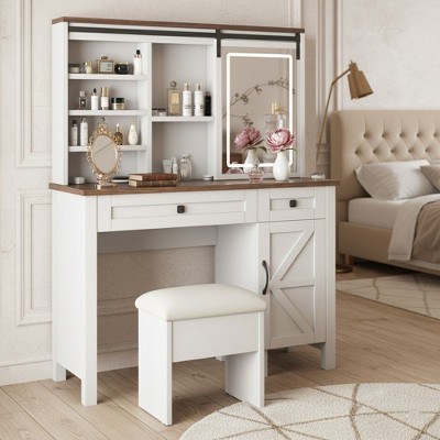 Homy Casa Modern Vanity Table with LED Mirror & Storage Shelves, White and Wood