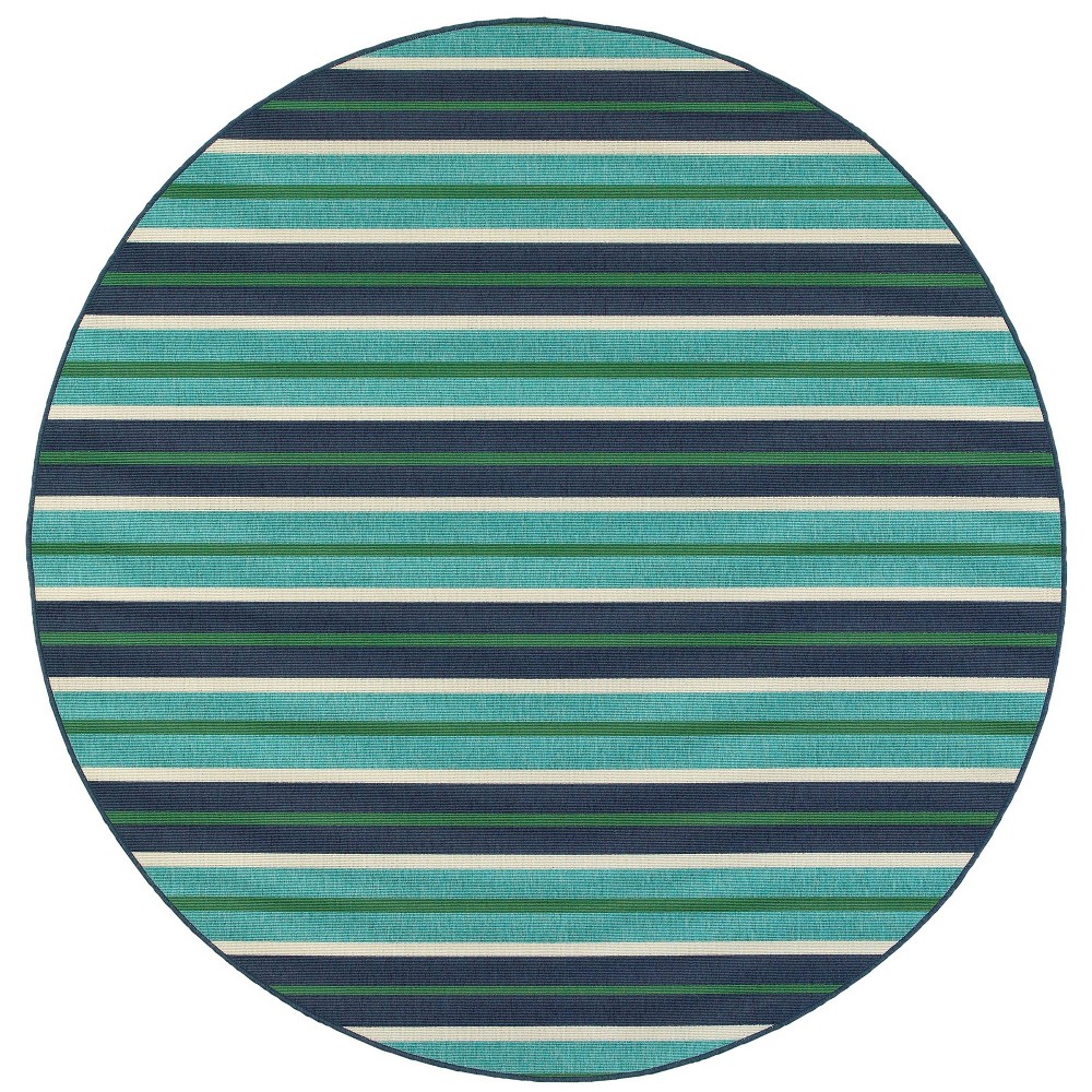 7'10in Round Marco Multi-Striped Patio Rug Blue/Green - Captiv8e Designs