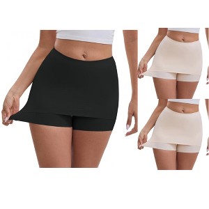no show shorts for under dresses INSPIRE CHIC Women's Anti-Chafing Hip-Lifting Mid Rise Tummy Control Elastic No Show Slim-Fit Shorts Under Dress 3 Packs 1 Black+2 Beige Large