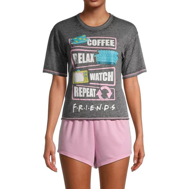 Women's Friends TV Show Pajama Set 3 PC Burnout Shirt Shorts W/ Crew Socks, 2 of 7