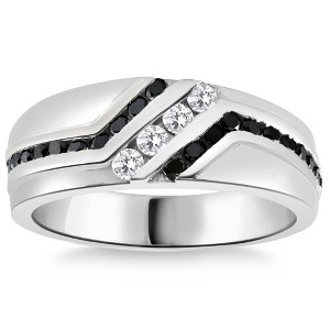 Pompeii3 1 Ct TW Mens Black & White Diamond Wedding Band 10k White Gold Ring - 1 of 4