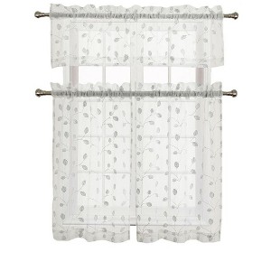 GoodGram Adler Metallic Embroidered Leaves 3 Piece Sheer Kitchen Curtain Set - 1 of 2