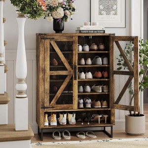 Shoe Cabinet with Ventilated Mesh Doors, Wooden Shoe Rack - 1 of 4